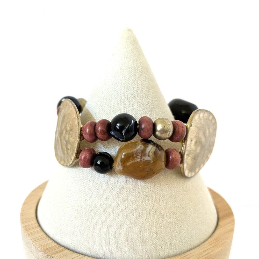 Chunky Hammered Gold Tone Panel Stretch Bracelet Faux Stones Beads 7" - Picture 5 of 9